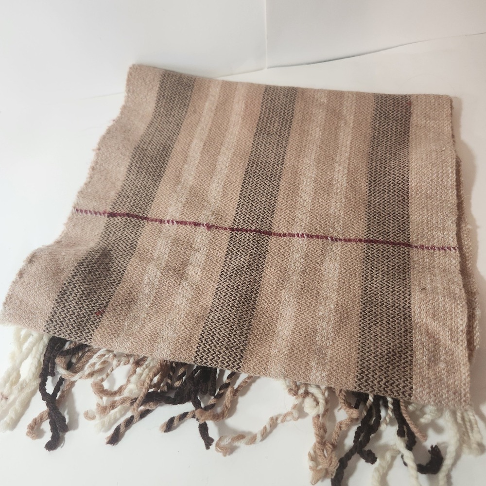 Vintage Striped Woven Scarf Tan Brown Cream Fringe Tassel Soft Knit Winter Scarf